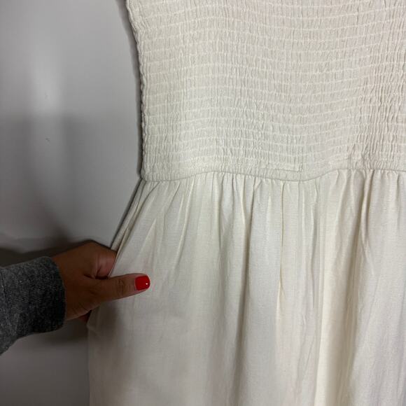 Jessica Simpson Linen Jumpsuit Small Ivory Cottage Wide Leg Smocked Boho Peasant - Picture 4 of 8